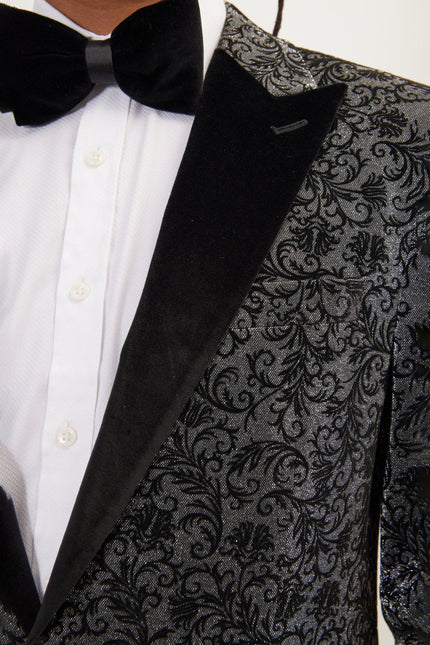 Men's Oriental Flocking Peak Lapel Tuxedo Jacket - Metallic Silver | Ron Tomson