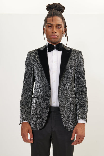 Men's Oriental Flocking Peak Lapel Tuxedo Jacket - Metallic Silver | Ron Tomson