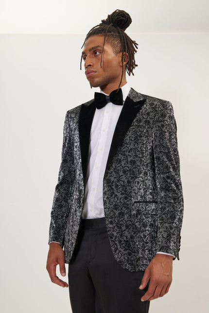 Men's Oriental Flocking Peak Lapel Tuxedo Jacket - Metallic Silver | Ron Tomson