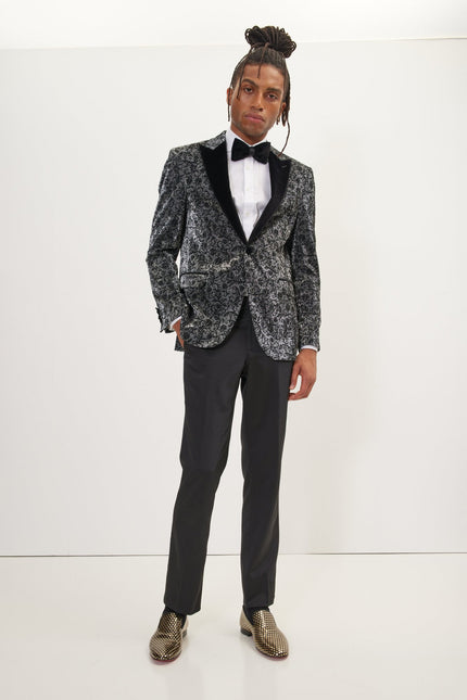 Men's Oriental Flocking Peak Lapel Tuxedo Jacket - Metallic Silver | Ron Tomson