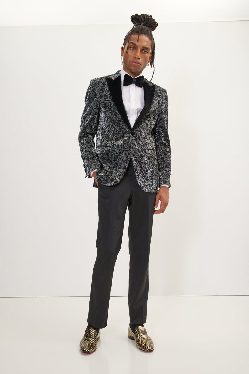 Men's Oriental Flocking Peak Lapel Tuxedo Jacket - Metallic Silver | Ron Tomson