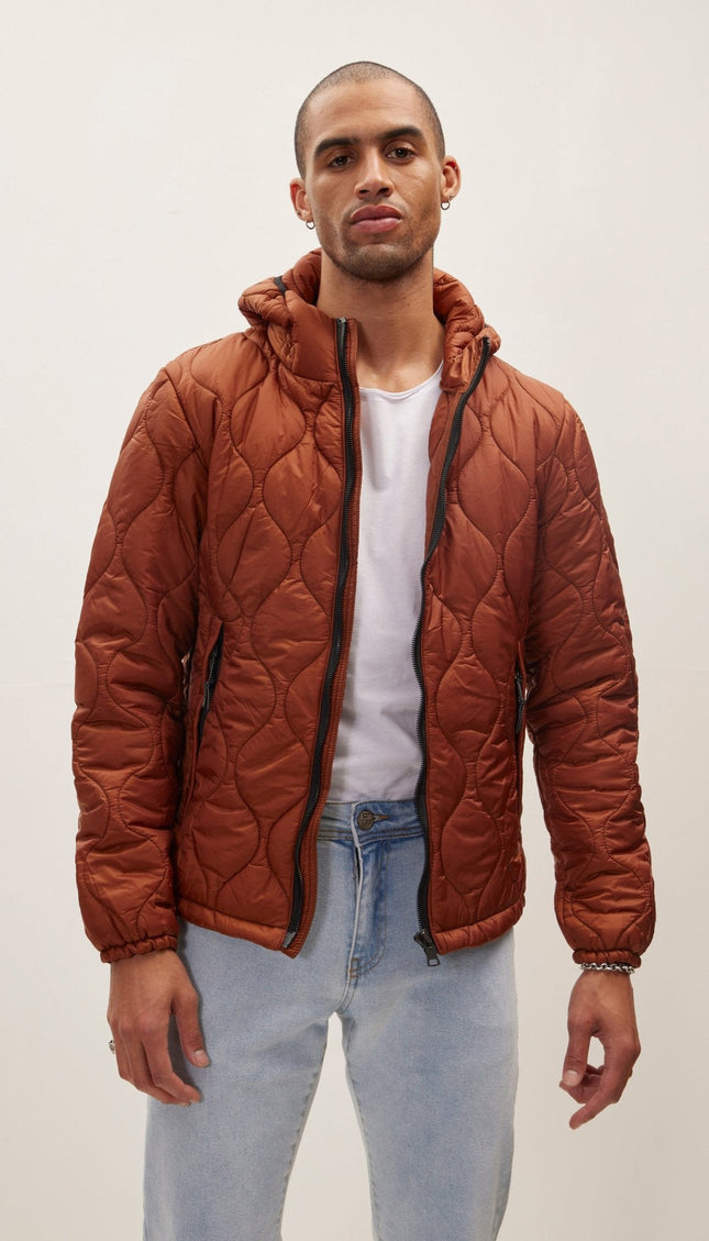 Padded Hooded Puffer Jacket - Brick Red