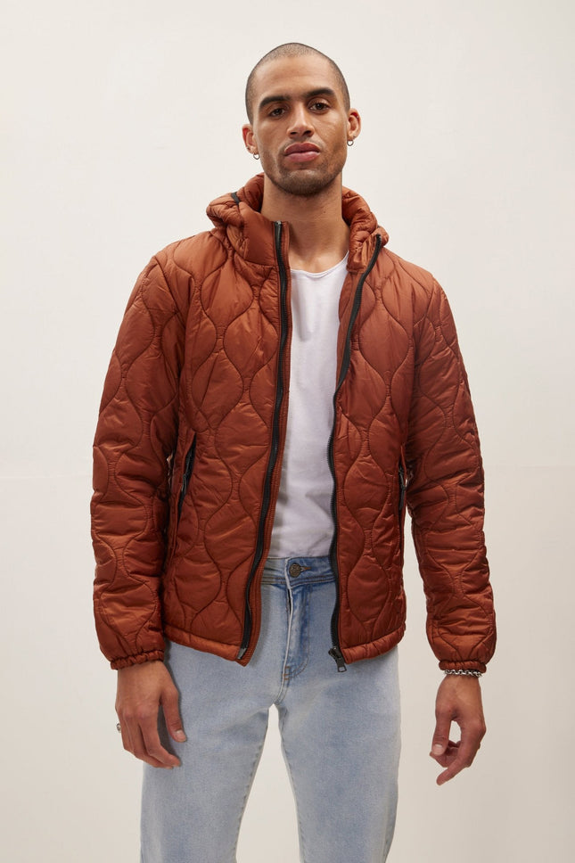 Men's Padded Hooded Puffer Jacket - Brick Red | Ron Tomson