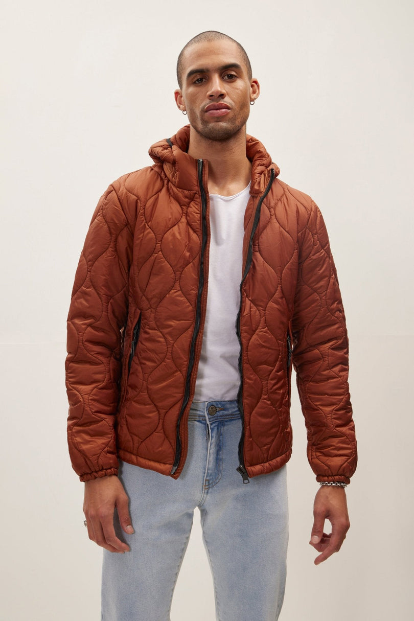 Men's Padded Hooded Puffer Jacket - Brick Red | Ron Tomson