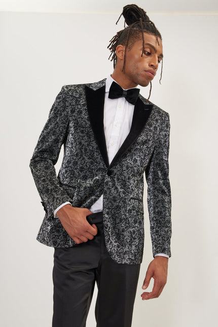 Men's Oriental Flocking Peak Lapel Tuxedo Jacket - Metallic Silver | Ron Tomson
