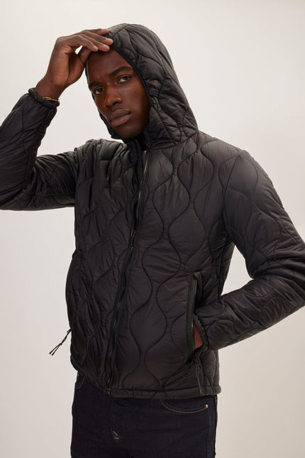Men's Hooded Puffer Jacket - Black | Ron Tomson