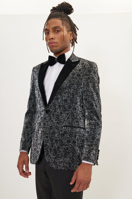 Men's Oriental Flocking Peak Lapel Tuxedo Jacket - Metallic Silver | Ron Tomson