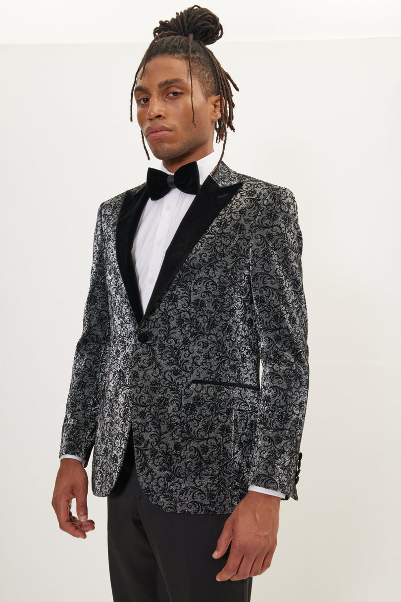 Men's Oriental Flocking Peak Lapel Tuxedo Jacket - Metallic Silver | Ron Tomson