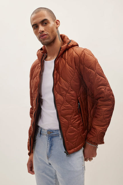 Men's Padded Hooded Puffer Jacket - Brick Red | Ron Tomson