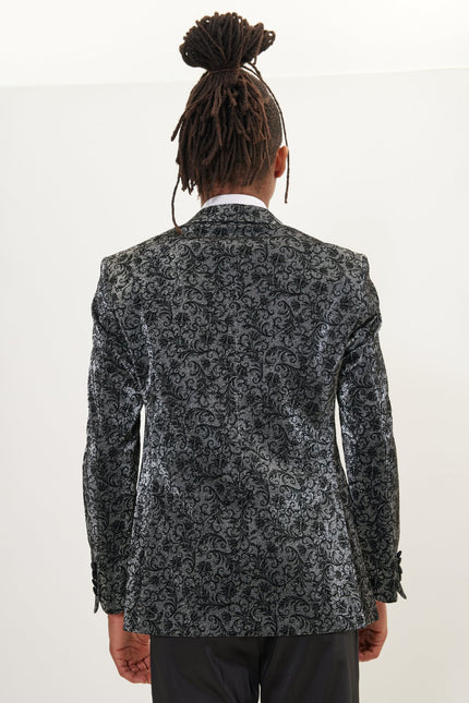 Men's Oriental Flocking Peak Lapel Tuxedo Jacket - Metallic Silver | Ron Tomson