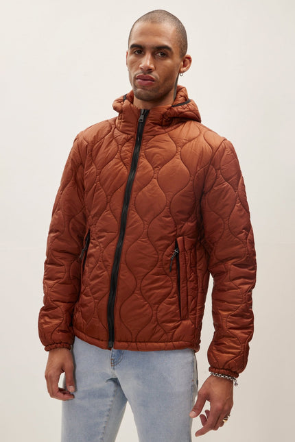 Men's Padded Hooded Puffer Jacket - Brick Red | Ron Tomson