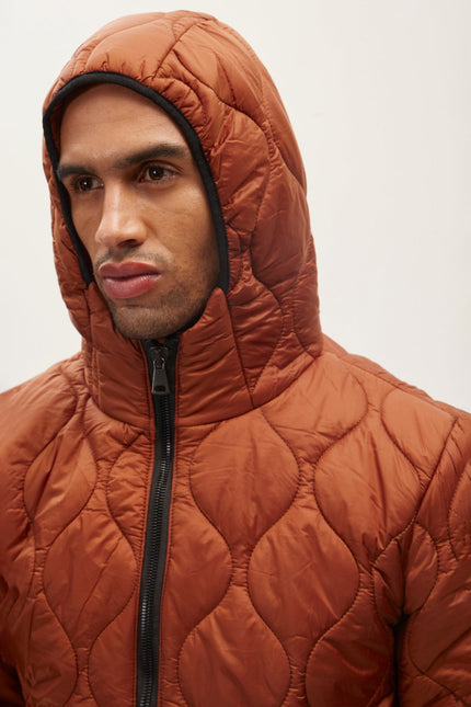 Men's Padded Hooded Puffer Jacket - Brick Red | Ron Tomson