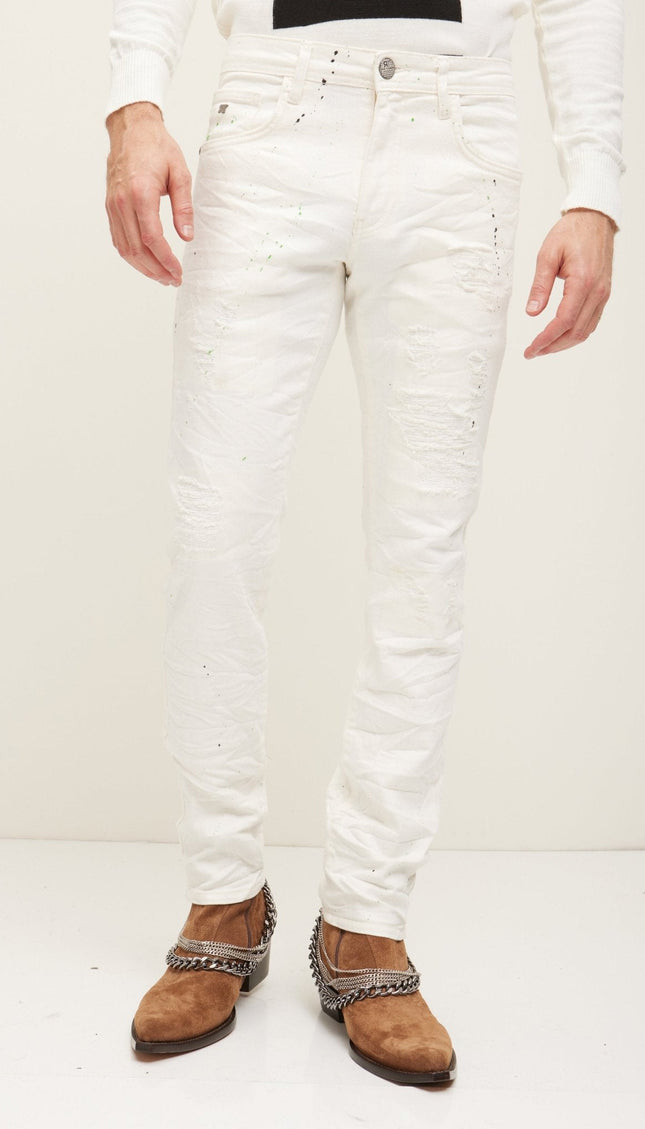 Painted Distressed Cotton Jeans - White