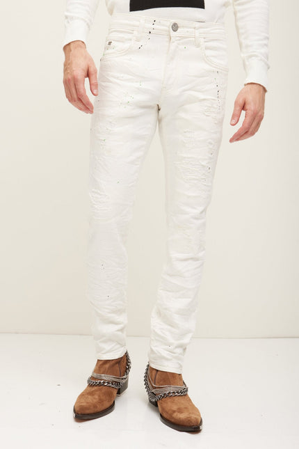 Men's Painted Distressed Cotton Jeans - White | Ron Tomson