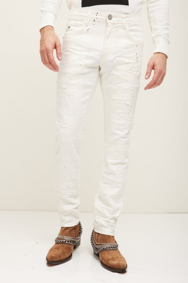 Painted Distressed Cotton Jeans - White