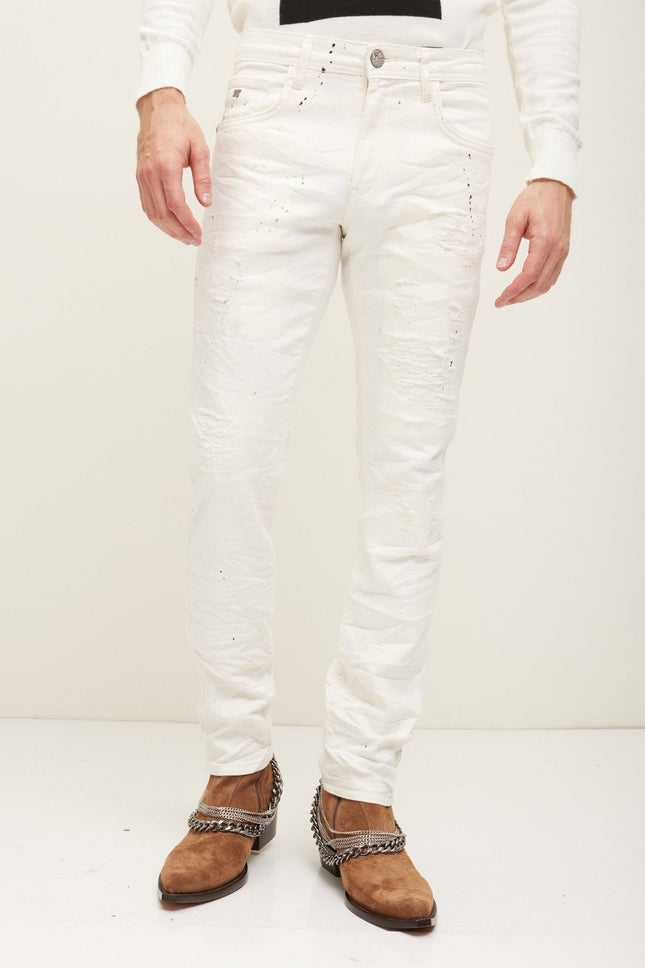 Men's Painted Distressed Cotton Jeans - White | Ron Tomson