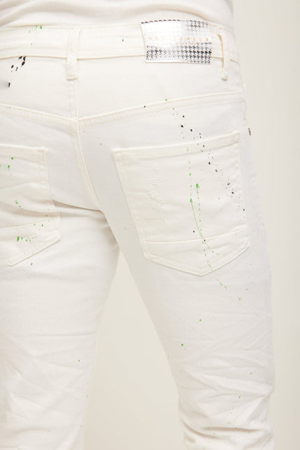 Men's Painted Distressed Cotton Jeans - White | Ron Tomson