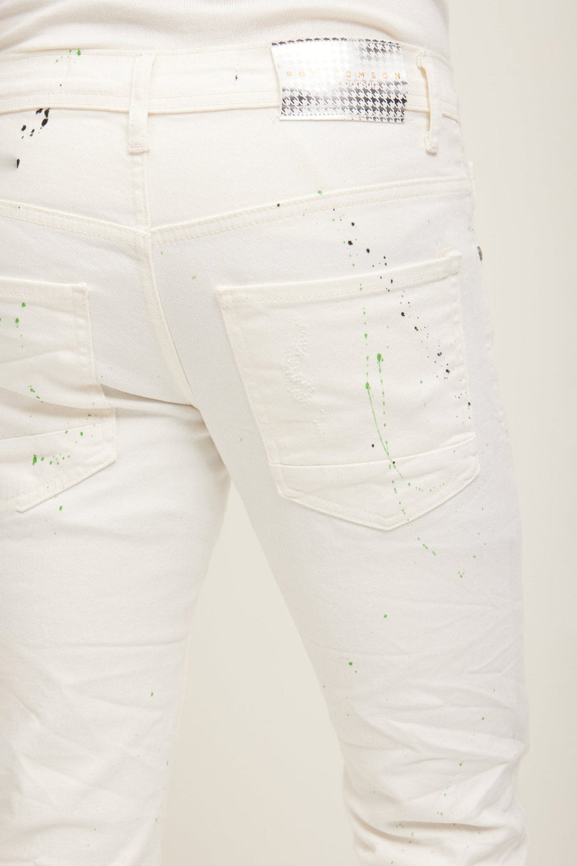 Men's Painted Distressed Cotton Jeans - White | Ron Tomson