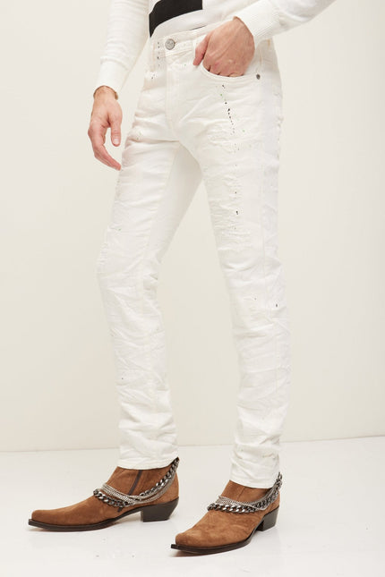 Men's Painted Distressed Cotton Jeans - White | Ron Tomson