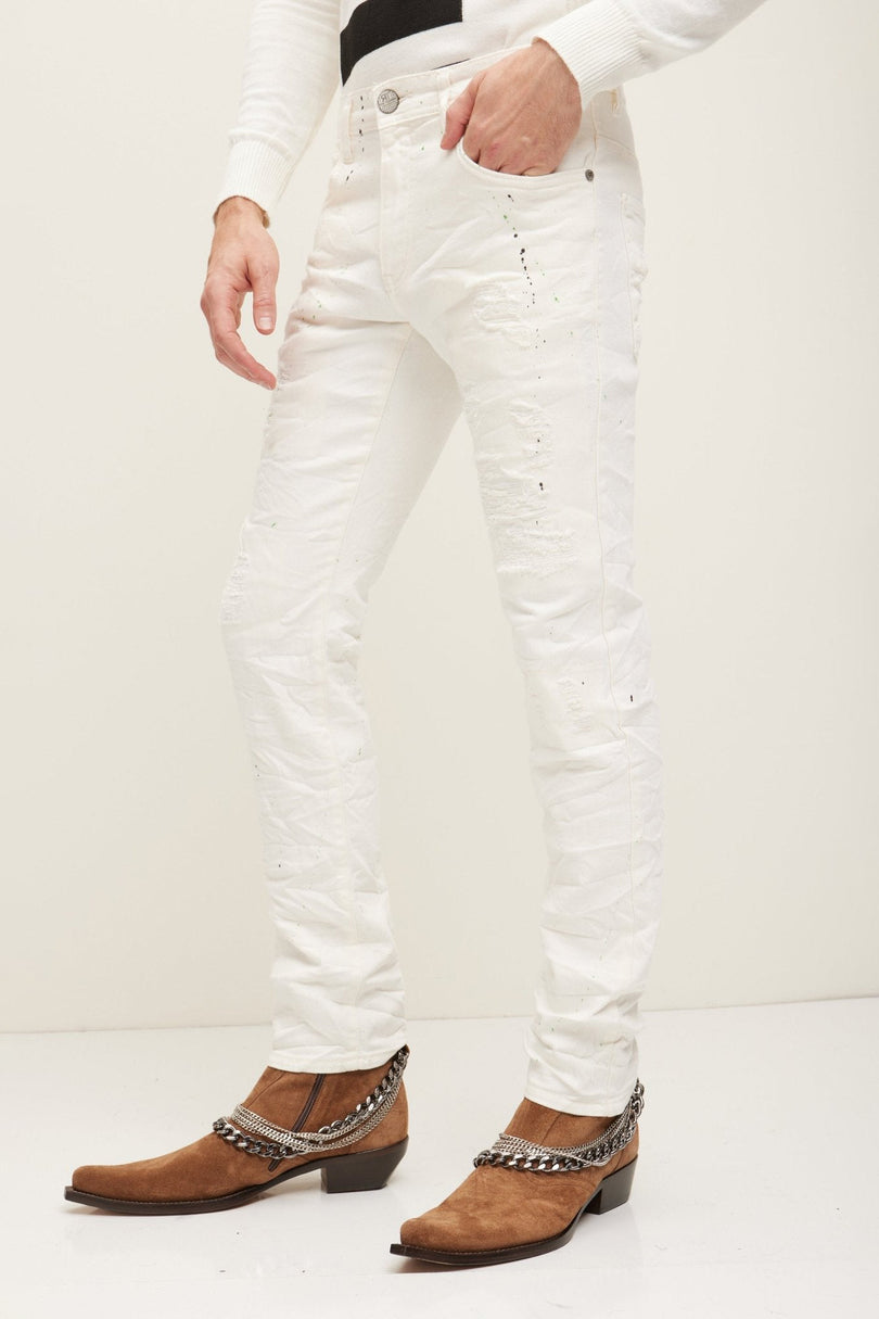 Men's Painted Distressed Cotton Jeans - White | Ron Tomson