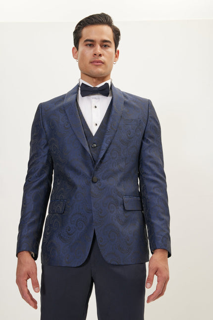 Men's Paisley Peak Lapel Tuxedo Jacket - Navy | Ron Tomson