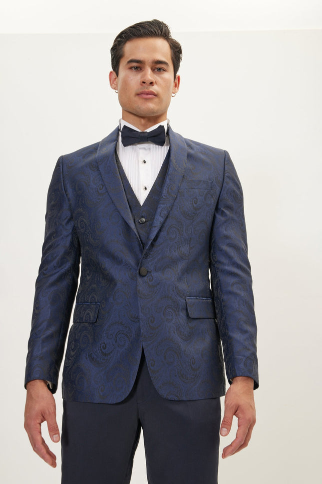 Men's Paisley Peak Lapel Tuxedo Jacket - Navy | Ron Tomson