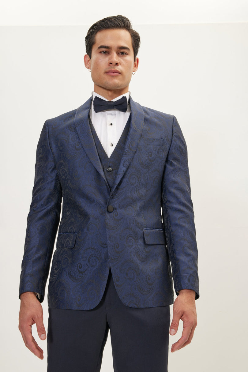 Men's Paisley Peak Lapel Tuxedo Jacket - Navy | Ron Tomson