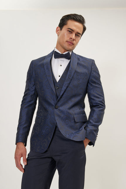 Men's Paisley Peak Lapel Tuxedo Jacket - Navy | Ron Tomson