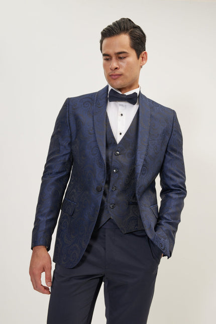 Men's Paisley Peak Lapel Tuxedo Jacket - Navy | Ron Tomson