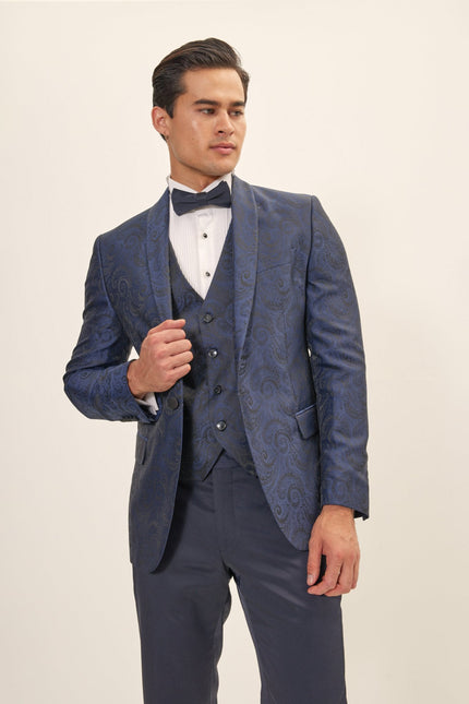 Men's Paisley Shawl Lapel Tuxedo Jacket - Navy | Ron Tomson