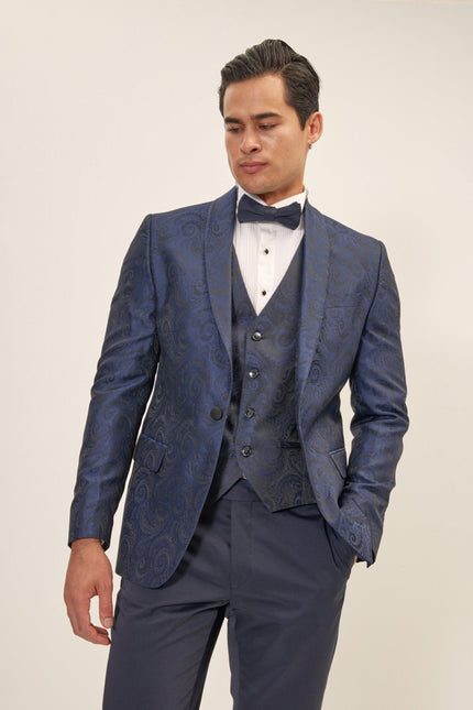 Men's Paisley Shawl Lapel Tuxedo Jacket - Navy | Ron Tomson