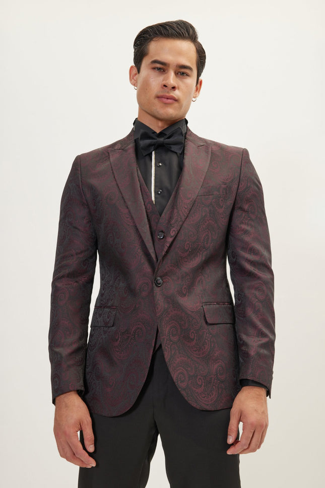 Men's Paisley Peak Lapel Tuxedo Jacket - Burgundy | Ron Tomson
