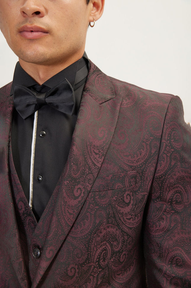 Men's Paisley Peak Lapel Tuxedo Jacket - Burgundy | Ron Tomson