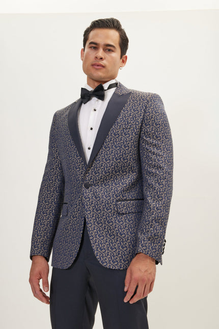 Men's Paisley Peak Lapel Tuxedo Jacket - Navy Beige | Ron Tomson