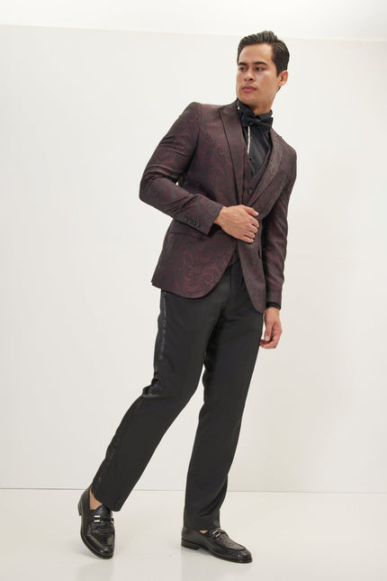 Men's Paisley Peak Lapel Tuxedo Jacket - Burgundy | Ron Tomson