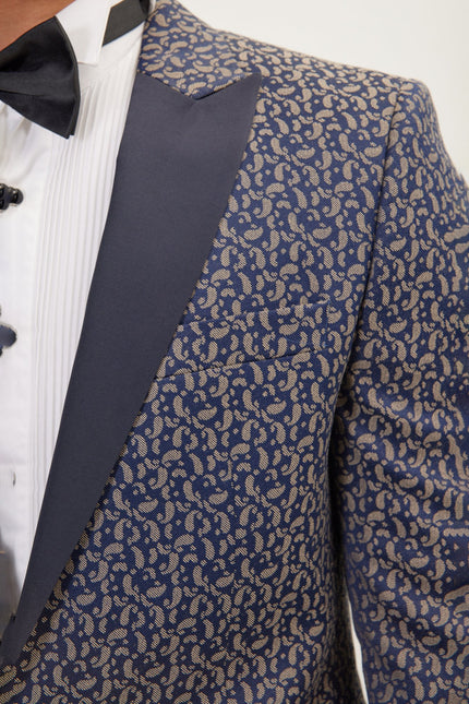 Men's Paisley Peak Lapel Tuxedo Jacket - Navy Beige | Ron Tomson