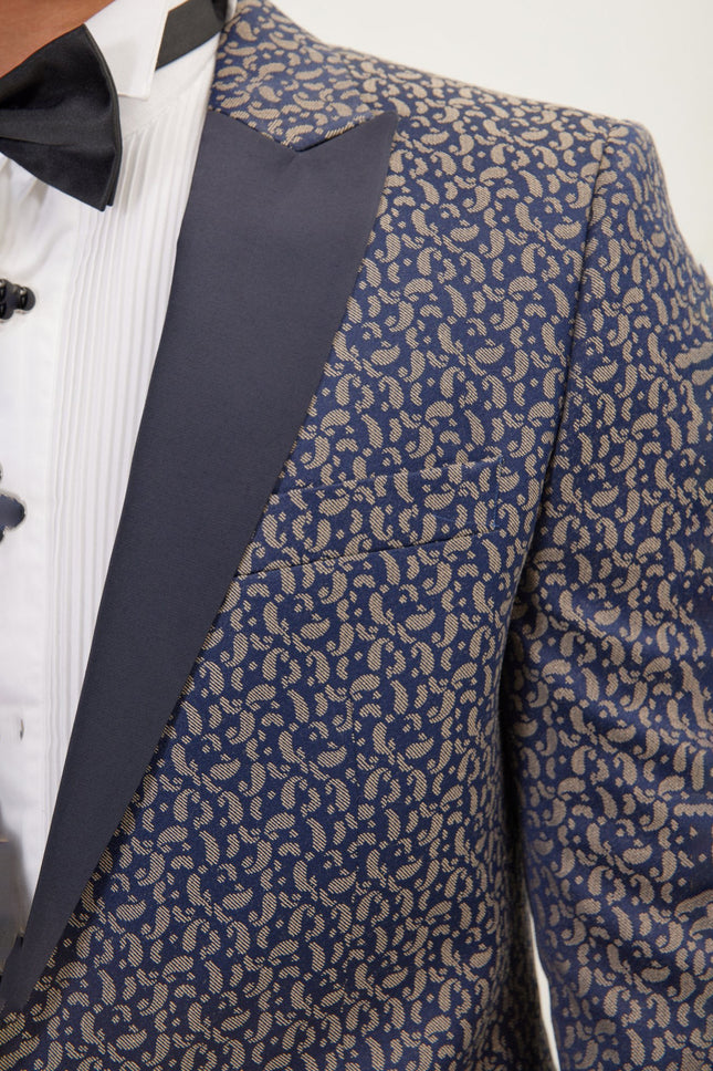 Men's Paisley Peak Lapel Tuxedo Jacket - Navy Beige | Ron Tomson