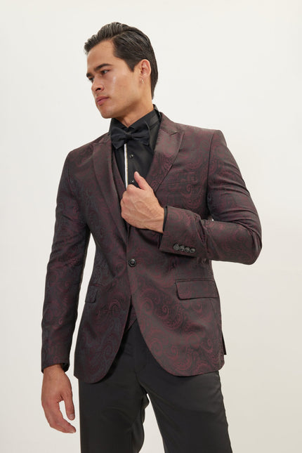 Men's Paisley Peak Lapel Tuxedo Jacket - Burgundy | Ron Tomson