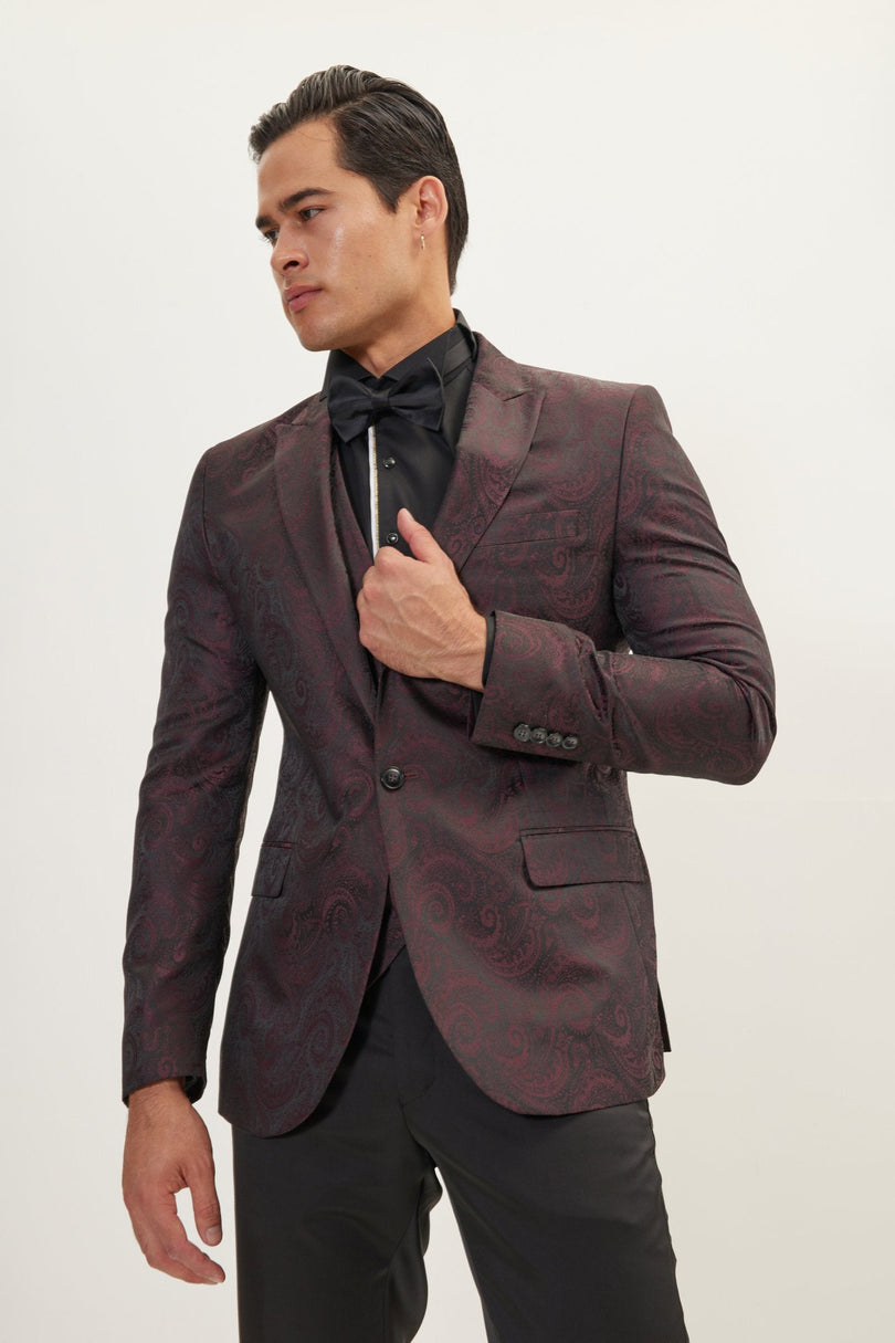Men's Paisley Peak Lapel Tuxedo Jacket - Burgundy | Ron Tomson