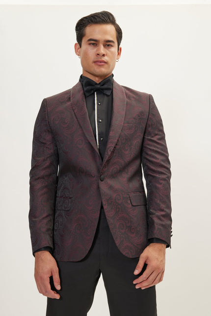Men's Paisley Shawl Lapel Tuxedo Jacket - Burgundy | Ron Tomson