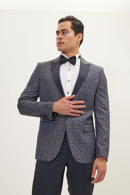 Men's Paisley Peak Lapel Tuxedo Jacket - Navy Beige | Ron Tomson