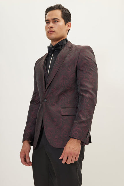 Men's Paisley Peak Lapel Tuxedo Jacket - Burgundy | Ron Tomson