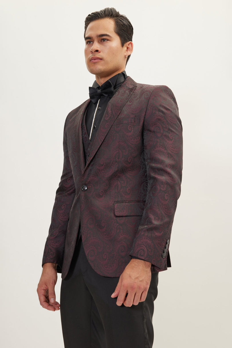 Men's Paisley Peak Lapel Tuxedo Jacket - Burgundy | Ron Tomson