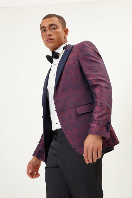 Men's Paisley Peak Lapel Tuxedo Jacket- Burgundy | Ron Tomson