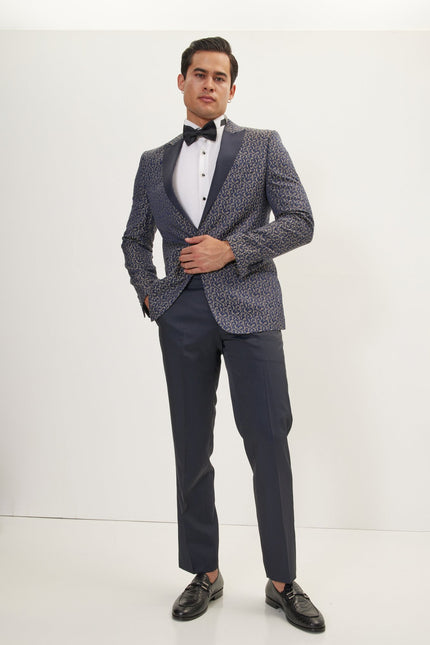 Men's Paisley Peak Lapel Tuxedo Jacket - Navy Beige | Ron Tomson