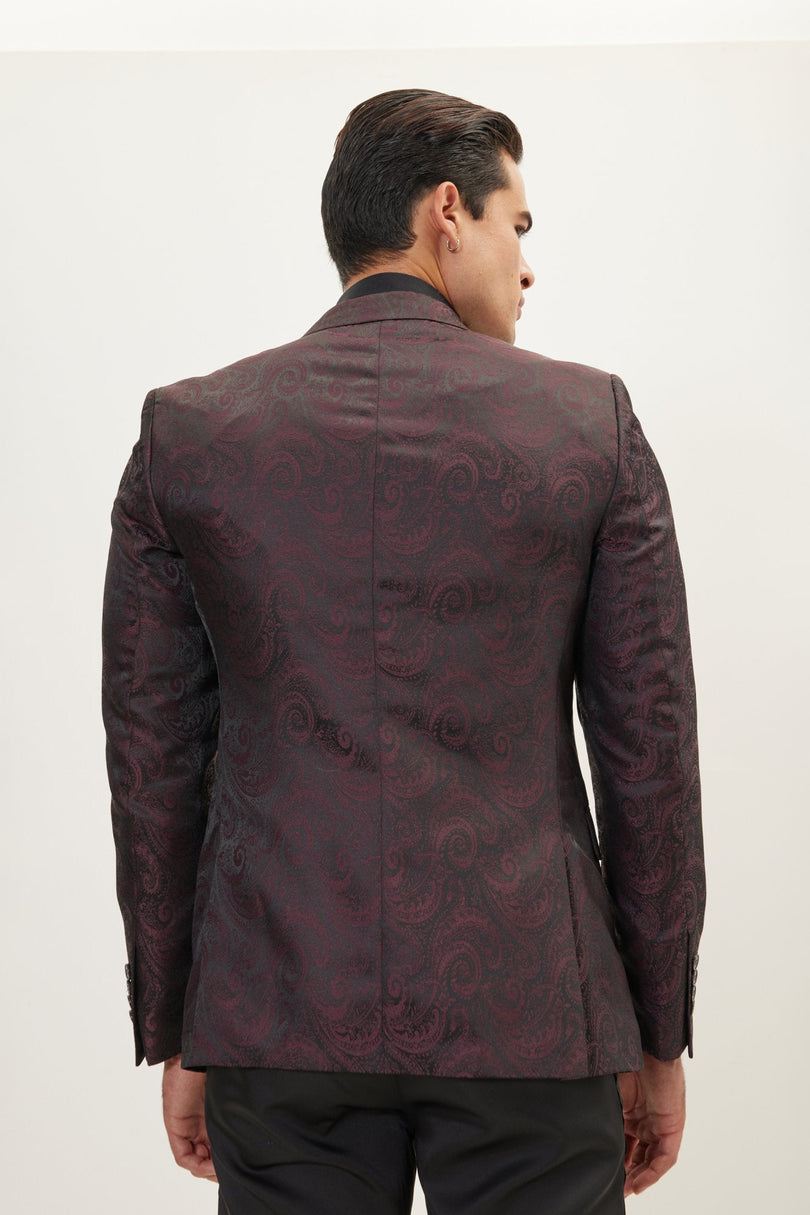 Men's Paisley Peak Lapel Tuxedo Jacket - Burgundy | Ron Tomson