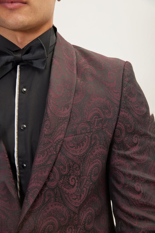 Men's Paisley Shawl Lapel Tuxedo Jacket - Burgundy | Ron Tomson