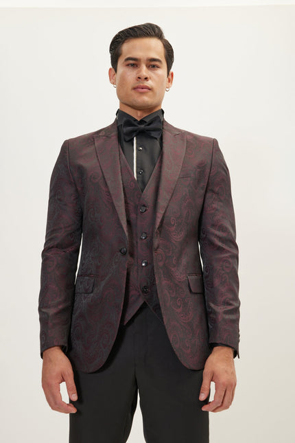 Men's Paisley Peak Lapel Tuxedo Jacket - Burgundy | Ron Tomson