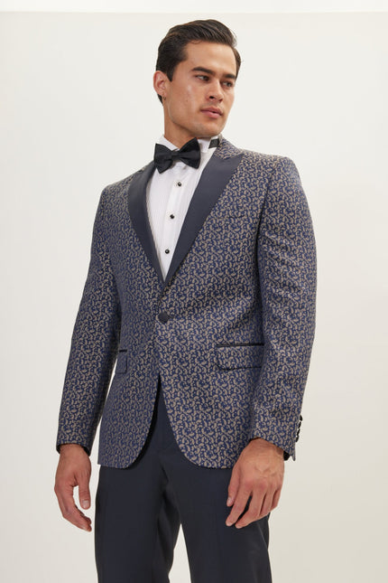 Men's Paisley Peak Lapel Tuxedo Jacket - Navy Beige | Ron Tomson