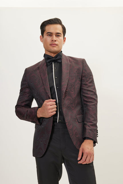 Men's Paisley Shawl Lapel Tuxedo Jacket - Burgundy | Ron Tomson